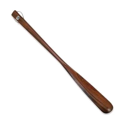 Long-handled shoe horn with dark rosewood-stained wooden finish, curved metal or plastic insertion tip