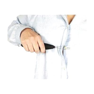 Slim handled dressing aid tool with a wire loop at one end for buttons and a small hook at the other end for zippers