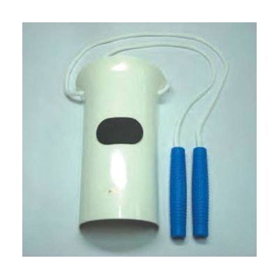Curved flexible plastic cradle with two long fabric-strap handles for guiding socks onto the foot