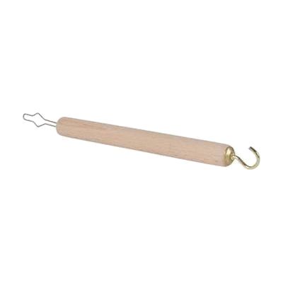 Long wooden dowel stick with a metal hook at one end and a button loop tool at the other, approximately 18 inches in length
