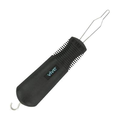 A black button hook and zipper puller with a ribbed rubber grip and a thin curved metal wire loop.