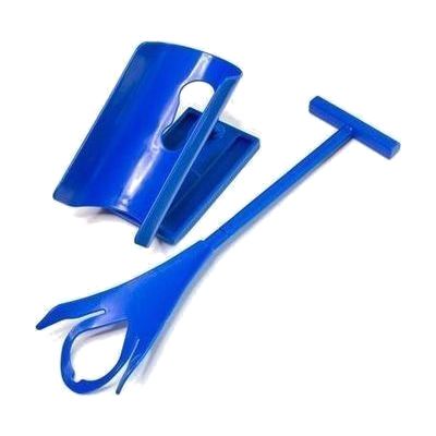 White plastic sock aid cradle with two long fabric pull cords alongside a long-handled shoehorn, laid flat