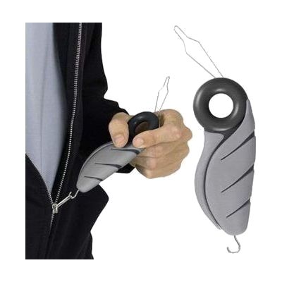 Small dressing aid with a thick ergonomic handle and a thin wire loop at the tip, approximately 6 inches long