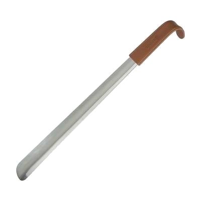 Long silver stainless steel shoehorn with curved heel-guide end and straight handle, approximately 16 inches in length