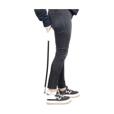 Long-handled shoe horn in silver and black, approximately 24 inches, with a curved horn tip at one end and a hook remover at 