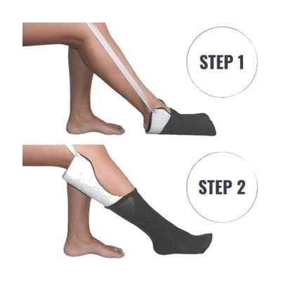 Curved plastic sock-loading cradle in white or beige with two long fabric cord handles attached