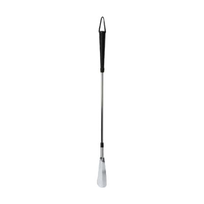 Long metal-shafted shoehorn with a curved flexible plastic head and a hanging strap, approximately 24 inches in length