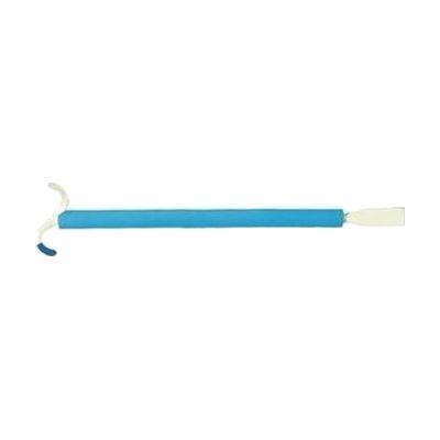 Long silver metal shoe horn with curved tip and straight handle, approximately 30 inches in length