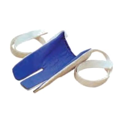 Curved rigid plastic sock aid with smooth inner surface, held by two long white fabric loop handles