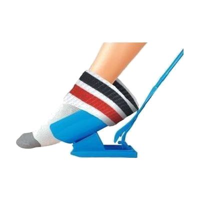 Curved white plastic sock-assist frame with a flexible sock sleeve and two long handle cords for pulling