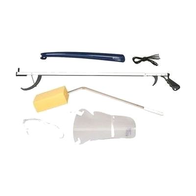 Collection of long-handled adaptive dressing tools including a reacher, sock aid, shoehorn, and bath sponge laid out together