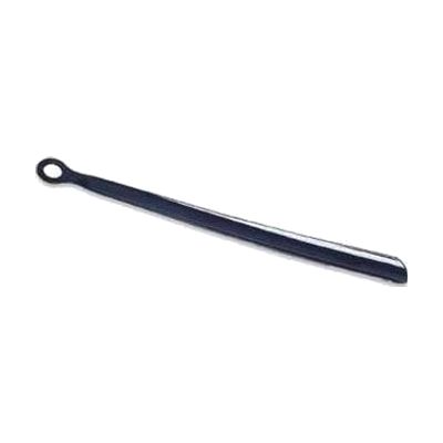 Slim plastic shoehorn in white or beige with a small hole at the top of the handle for hanging