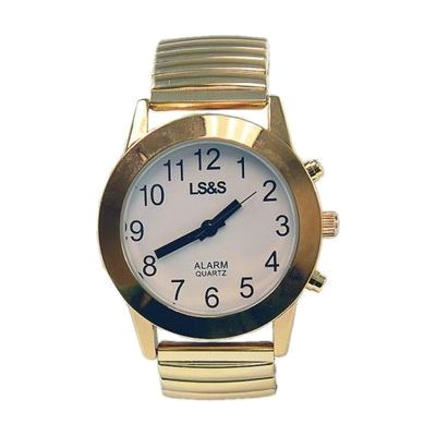 Image: touch face talking watch with a white face and gold flex band