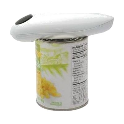 Compact white electric can opener designed to sit on top of a can lid, with a single activation button on top