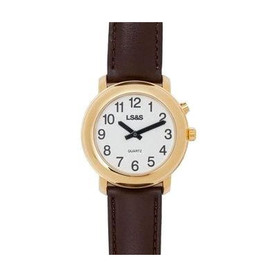 One Button Talking Watch - Gold w/ Brown Leather Band