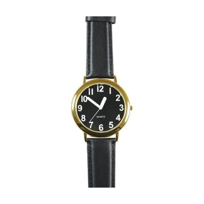 Unisex Low Vision Watch Gold Tone With Black Face - White Numbers and Leather Band