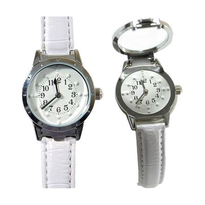 Ladies' Braille Watch Silver Case with White Face and White Leather Band