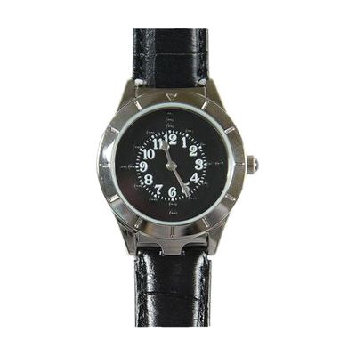 Men's Braille Watch Silver Case Black Face and Leather Band