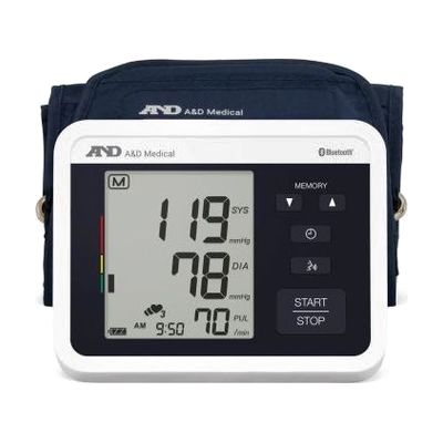 Image: A&D talking blood pressure monitor with cuff.  Updated 2025