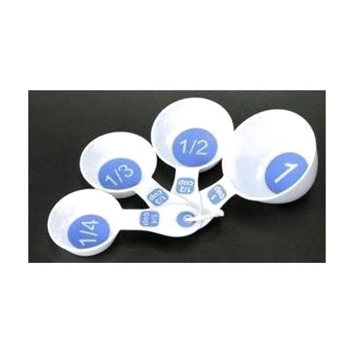 Set of four white plastic measuring cups with large black high-contrast measurement markings inside the bowl and on the handl