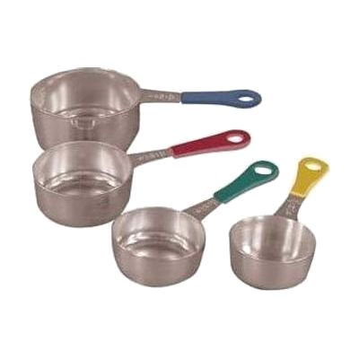 Set of four stainless steel measuring cups with brightly colored handles in different colors, graduated sizes from 1/4 to 1 c
