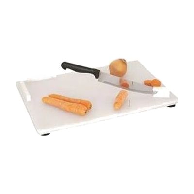 Rectangular white polyethylene cutting board with stainless steel spikes, corner guards, and suction cup feet on the undersid