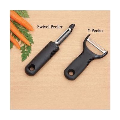 Vegetable peeler with large oval black non-slip rubber handle and stainless steel blade head