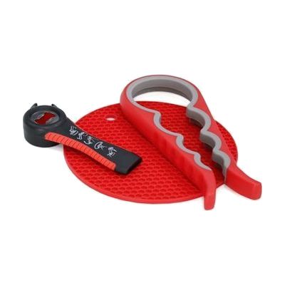 Set of three kitchen openers: a multi-grip jar opener, a flat silicone non-slip pad, and a multi-function bottle opener in re