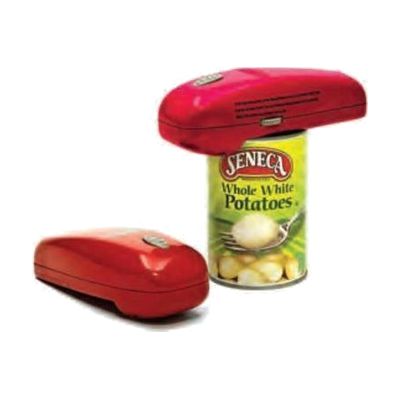 Small handheld electric can opener in white and grey, designed to sit on top of a can lid and drive around the rim automatica