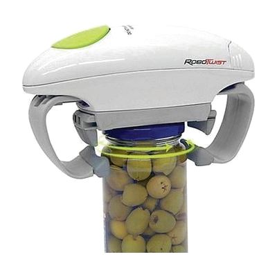 White electric jar opener with a cylindrical grip body and motorized opening mechanism at the base, sized to fit over standar