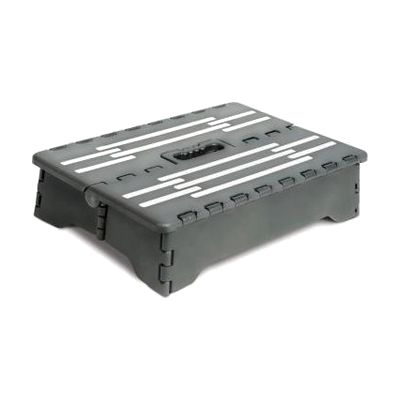 A rectangular folding step stool in dark grey plastic with a ridged, non-slip top and a recessed carrying handle.