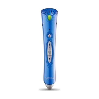 Pen-shaped device in blue and white with a rounded tip, approximately 6 inches long, with a small button on the side