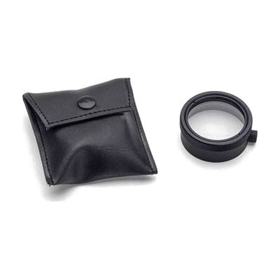 A round black magnifying lens with a ridged edge, shown beside its small black pouch with a snap closure.