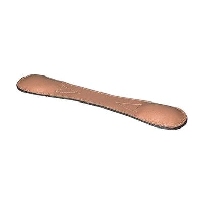 Pair of tan leather bookmarks with small rounded weights sewn into each end, resembling a narrow strap