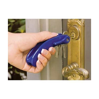 Compact T-shaped or oval plastic handle in bright color with a key slot at the base for attaching a standard key