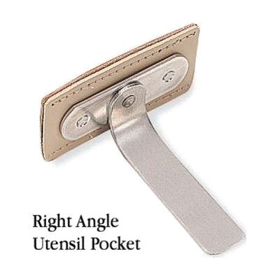 Gray fabric pocket attachment designed to hold utensils at a right angle, shown positioned on a hand or cuff