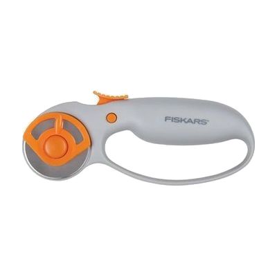 Rotary cutter with a circular wheel blade and a contoured oval loop handle, designed for ambidextrous use
