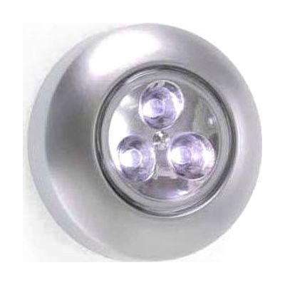 Set of six small round white LED puck lights with flat touch-activated surface and adhesive backing