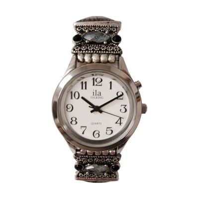 Ladies Silver ila Talking Watch w/ Square Beaded Band, 1 Button