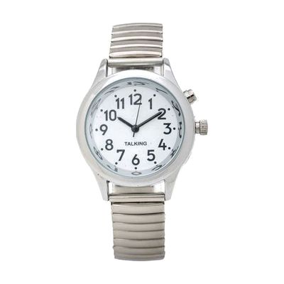 Image: talking watch with white face, silver case and silver flex band