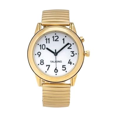 Image: talking watch with white face, gold case and gold flex band