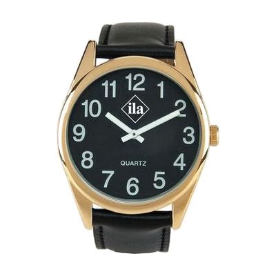 Low Vision Gold Tone Watch With Black Face and Leather Band