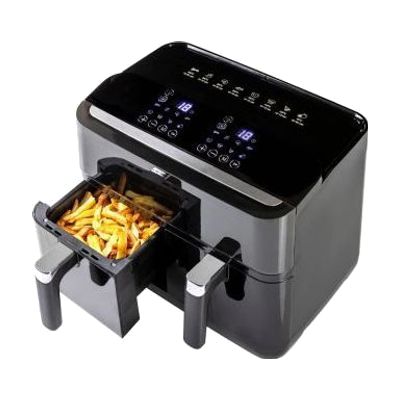 Image: talking air fryer with 2 baskets - one basket is open with french fries