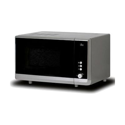 Image: simple talking microwave with black front and stainless steel case