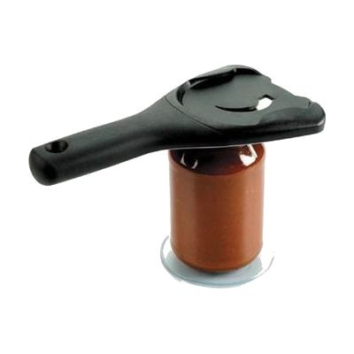 Two-piece jar opener set: a curved rubber lid gripper and a flat circular non-slip base pad, both in black with OXO branding