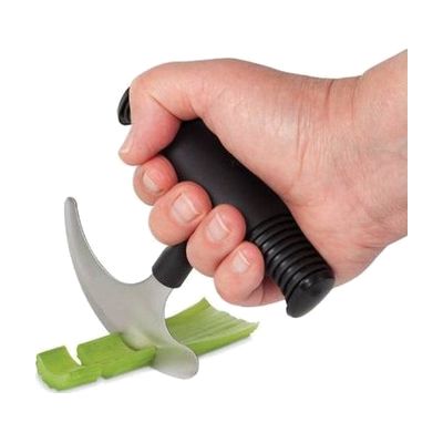 Curved-blade rocker knife with a vertical T-shaped handle, shown as a pair of two utensils