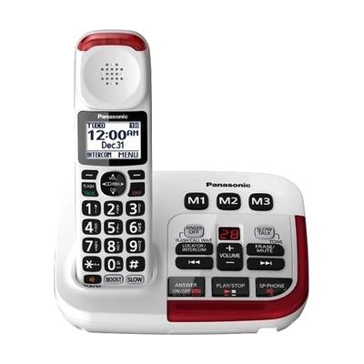 A cordless phone in white and red with large black buttons, a small display screen, and a matching base with speed-dial keys.