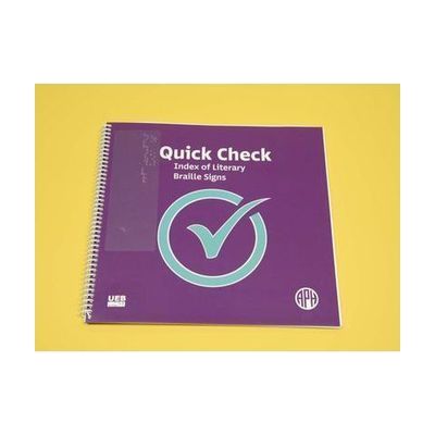 Quick Check Index of Literary Braille Signs UEB edition is a spiral-bound book featured over a yellow background. On the purple cover resides a large blue check mark in the middle, a UEB logo in the bottom left-hand corner, and the APH logo in the bottom right-hand corner.