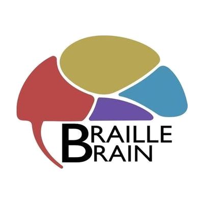 The Braille Brain logo which features of a multicolored brain stacked above the words Braille Brain in all caps. Braille is stacked above Brain, with both words sharing and beginning with a large B that is as tall as both words stacked. The brain is divided into four sections, the optical lobe is red, the Parietal lobe is yellow, the Frontal lobe is blue, and the Temporal lobe is purple.