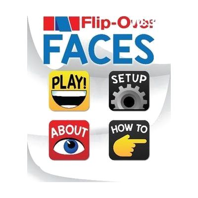 A screenshot of the Flip-Over FACES app home screen on the Apple Watch. Below the title of the app are four buttons labeled "PLAY!," "SETUP," ABOUT," and "HOW TO."